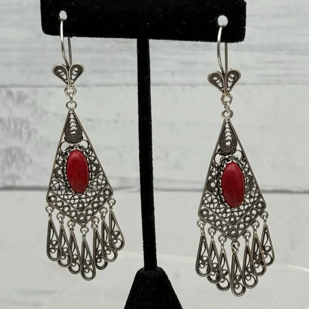 DGS Turkey 925 Sterling Silver Filigree Carnelian Dangle Earrings 16.4 grams